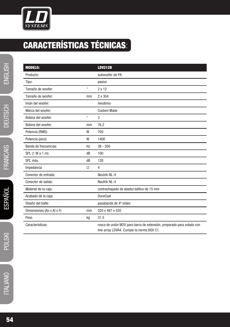 Características técnicas | LD Systems V 212 SUB User Manual | Page 54 / 88