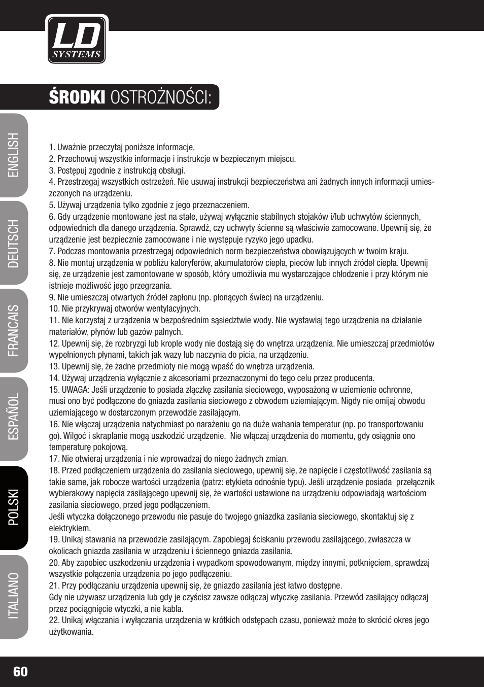 Środki ostrożności | LD Systems V 212 SUB User Manual | Page 60 / 88