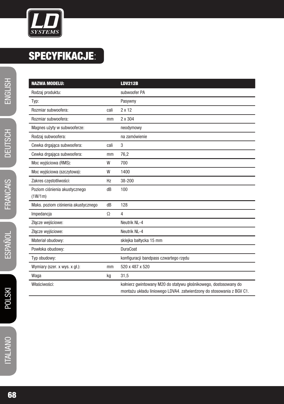 Specyfikacje | LD Systems V 212 SUB User Manual | Page 68 / 88