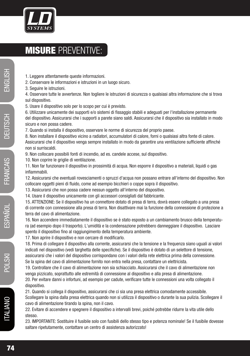 Misure preventive | LD Systems V 212 SUB User Manual | Page 74 / 88