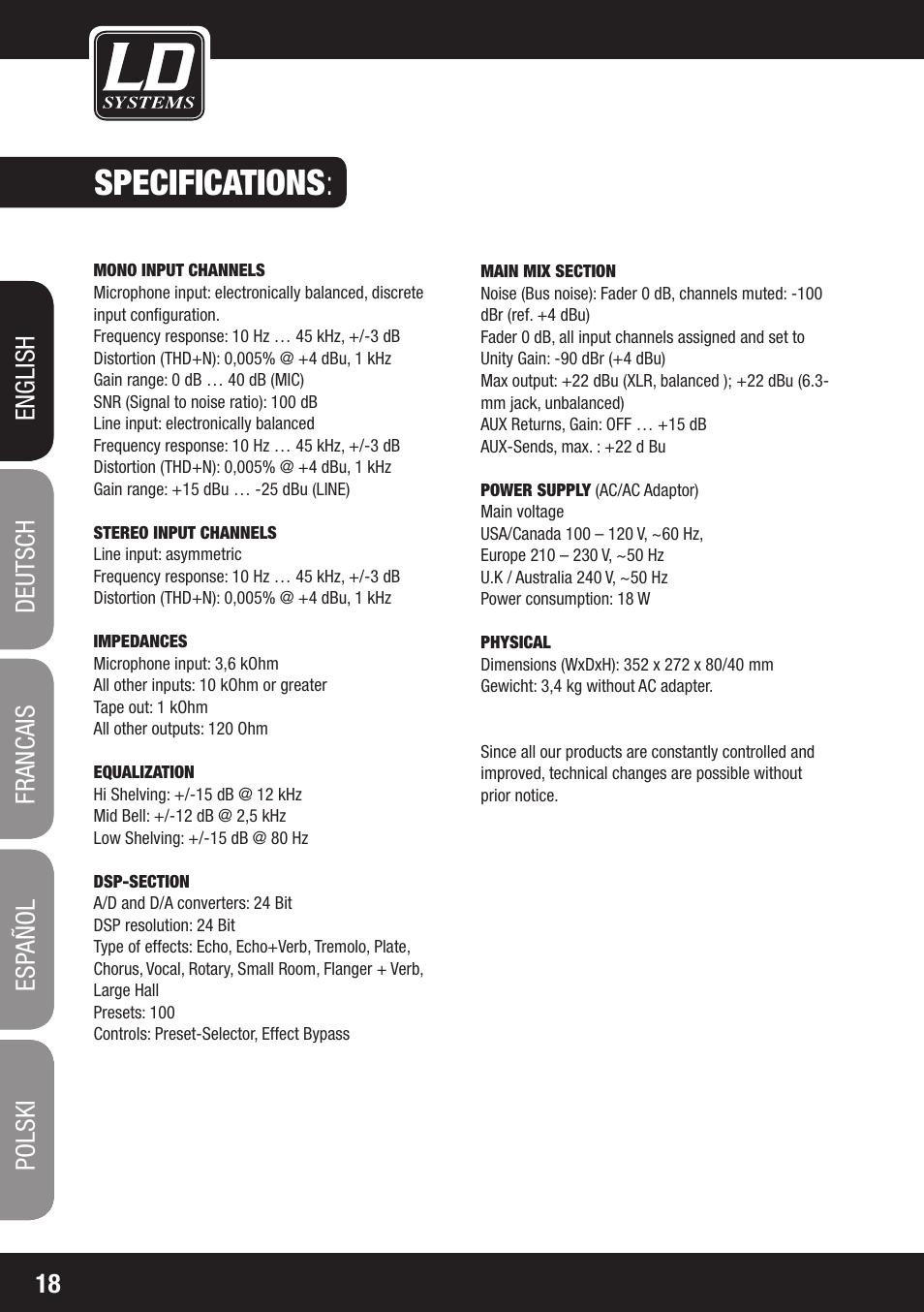 Specifications | LD Systems LAX 8 D User Manual | Page 18 / 104