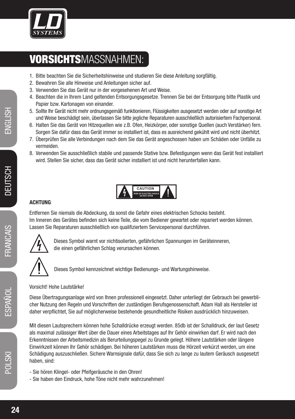 Vorsichts massnahmen | LD Systems LAX 8 D User Manual | Page 24 / 104