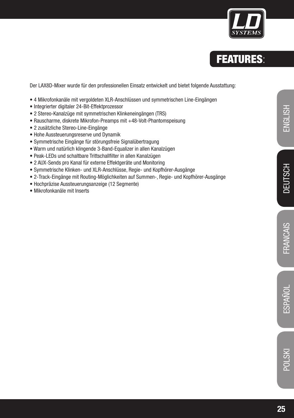 Features | LD Systems LAX 8 D User Manual | Page 25 / 104