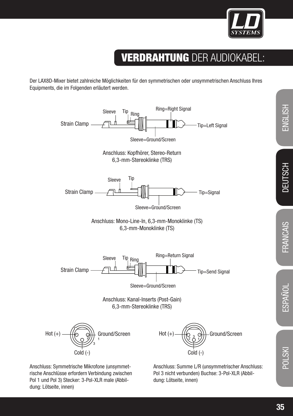 Verdrahtung der audiokabel | LD Systems LAX 8 D User Manual | Page 35 / 104