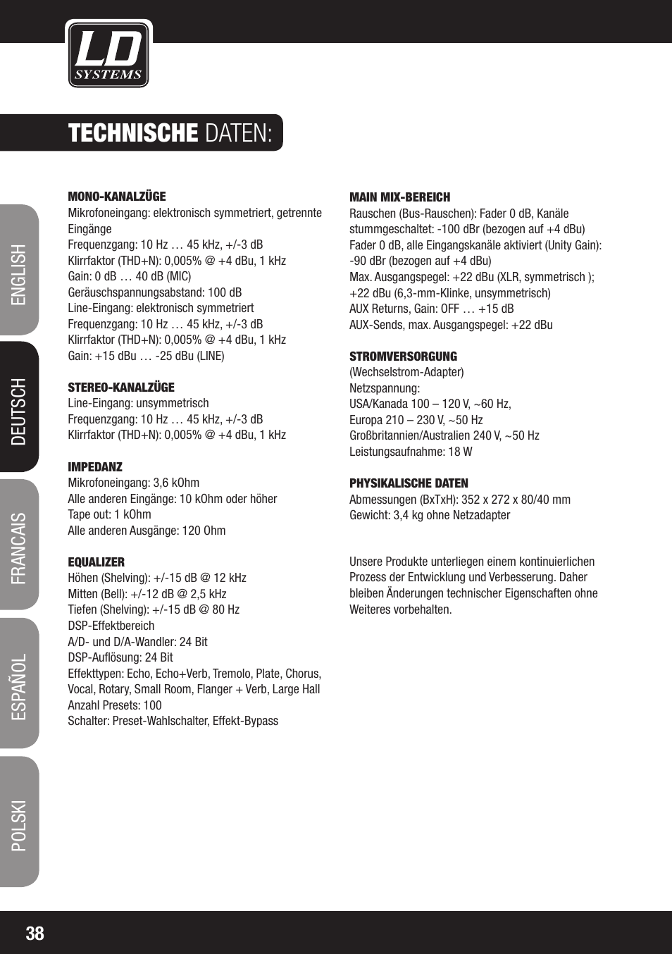 Technische daten | LD Systems LAX 8 D User Manual | Page 38 / 104