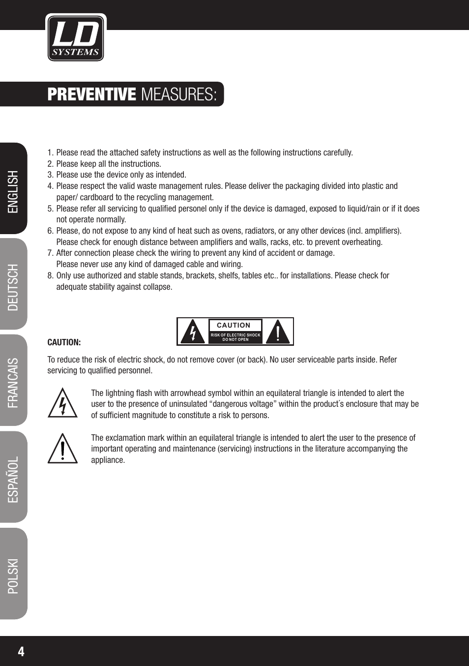 Preventive measures | LD Systems LAX 8 D User Manual | Page 4 / 104