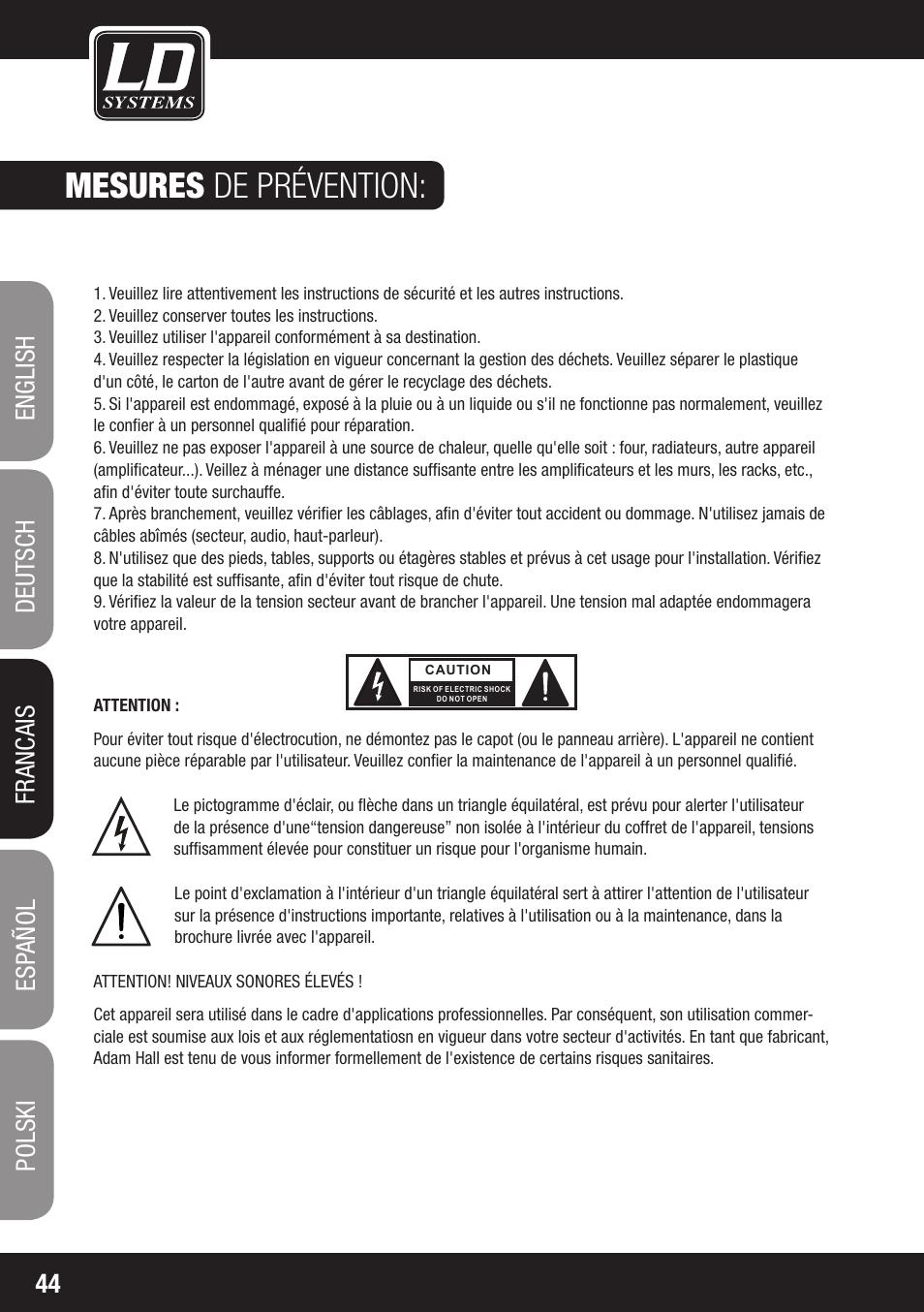 Mesures de prévention | LD Systems LAX 8 D User Manual | Page 44 / 104