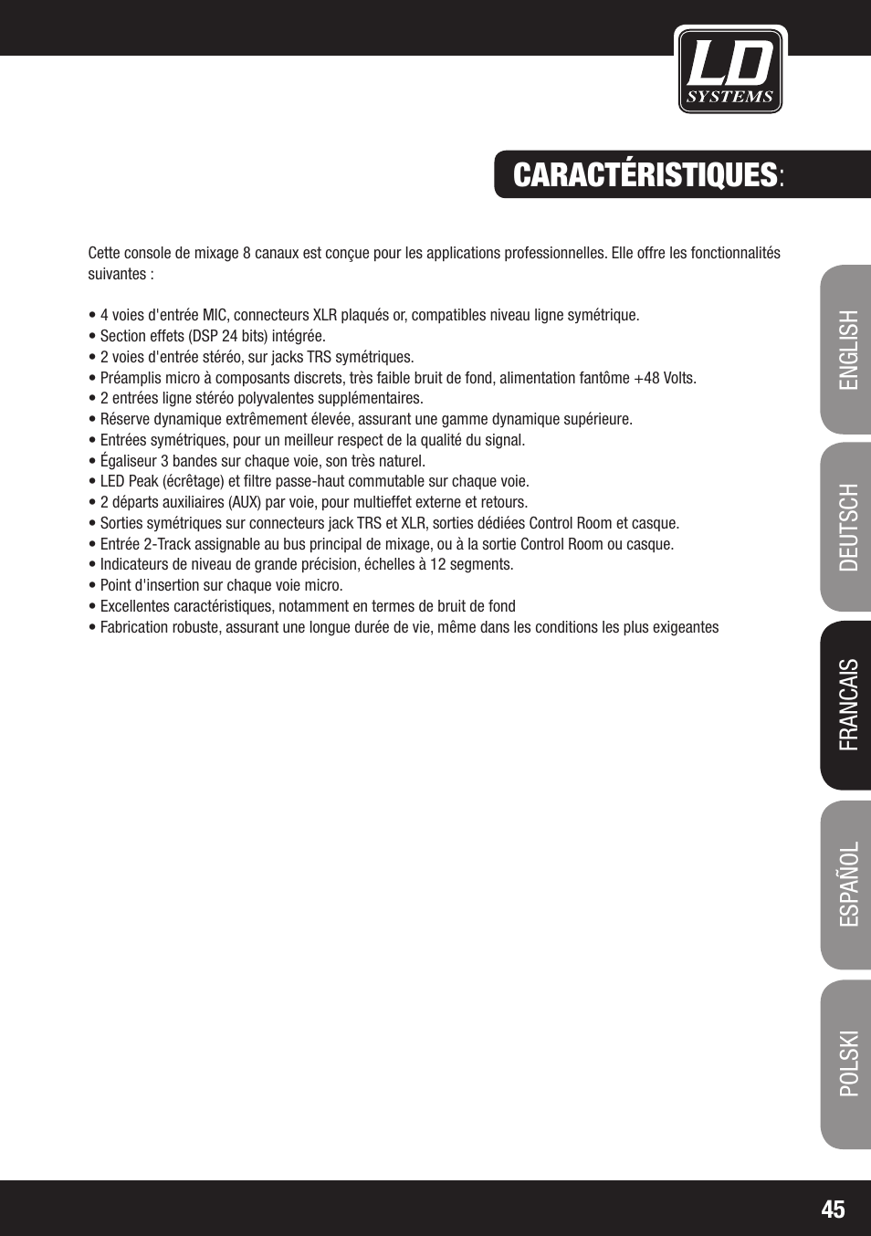 Caractéristiques | LD Systems LAX 8 D User Manual | Page 45 / 104