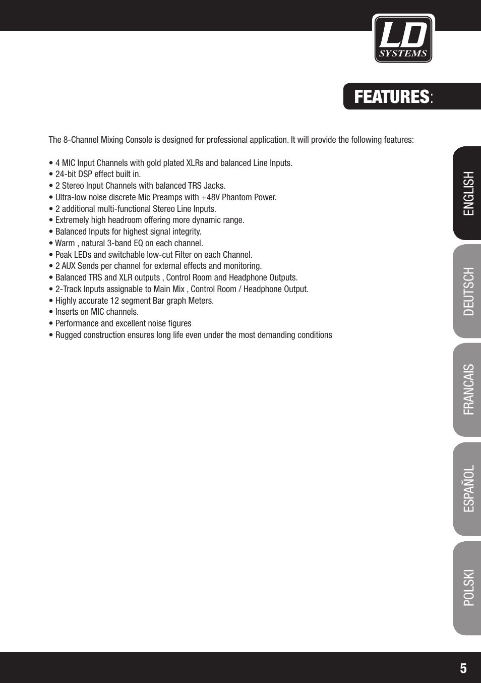 Features | LD Systems LAX 8 D User Manual | Page 5 / 104