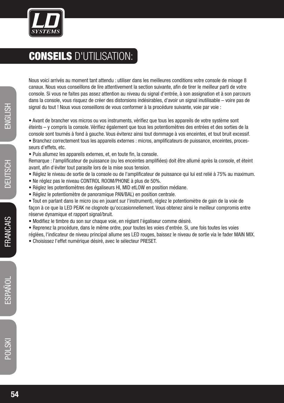 Conseils d'utilisation | LD Systems LAX 8 D User Manual | Page 54 / 104
