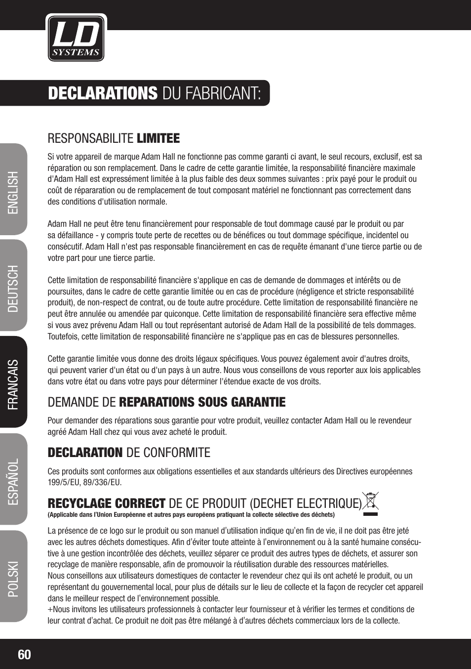 Declarations du fabricant | LD Systems LAX 8 D User Manual | Page 60 / 104