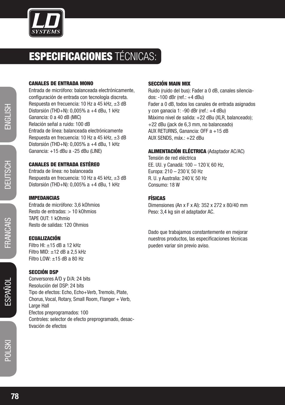 Especificaciones técnicas | LD Systems LAX 8 D User Manual | Page 78 / 104