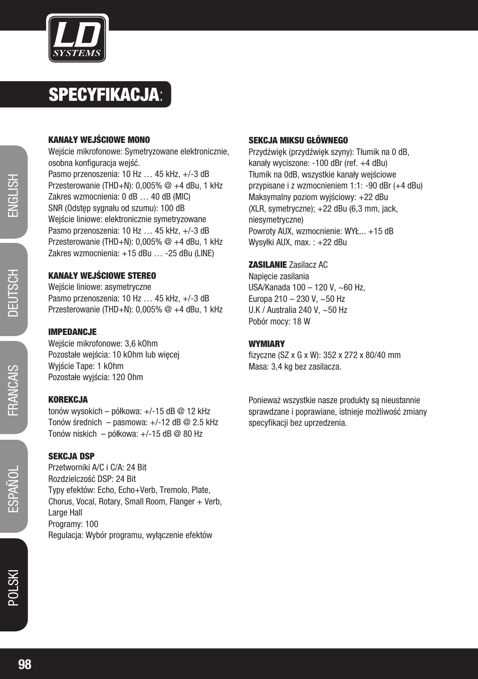 Specyfikacja | LD Systems LAX 8 D User Manual | Page 98 / 104