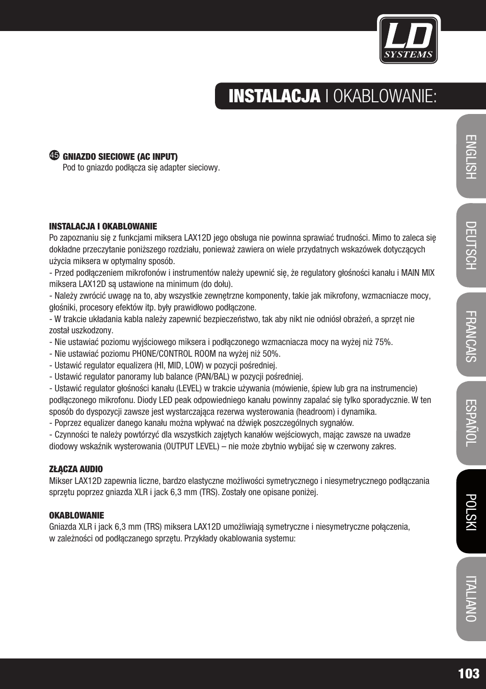 Instalacja i okablowanie | LD Systems LAX 12 D USB User Manual | Page 103 / 134