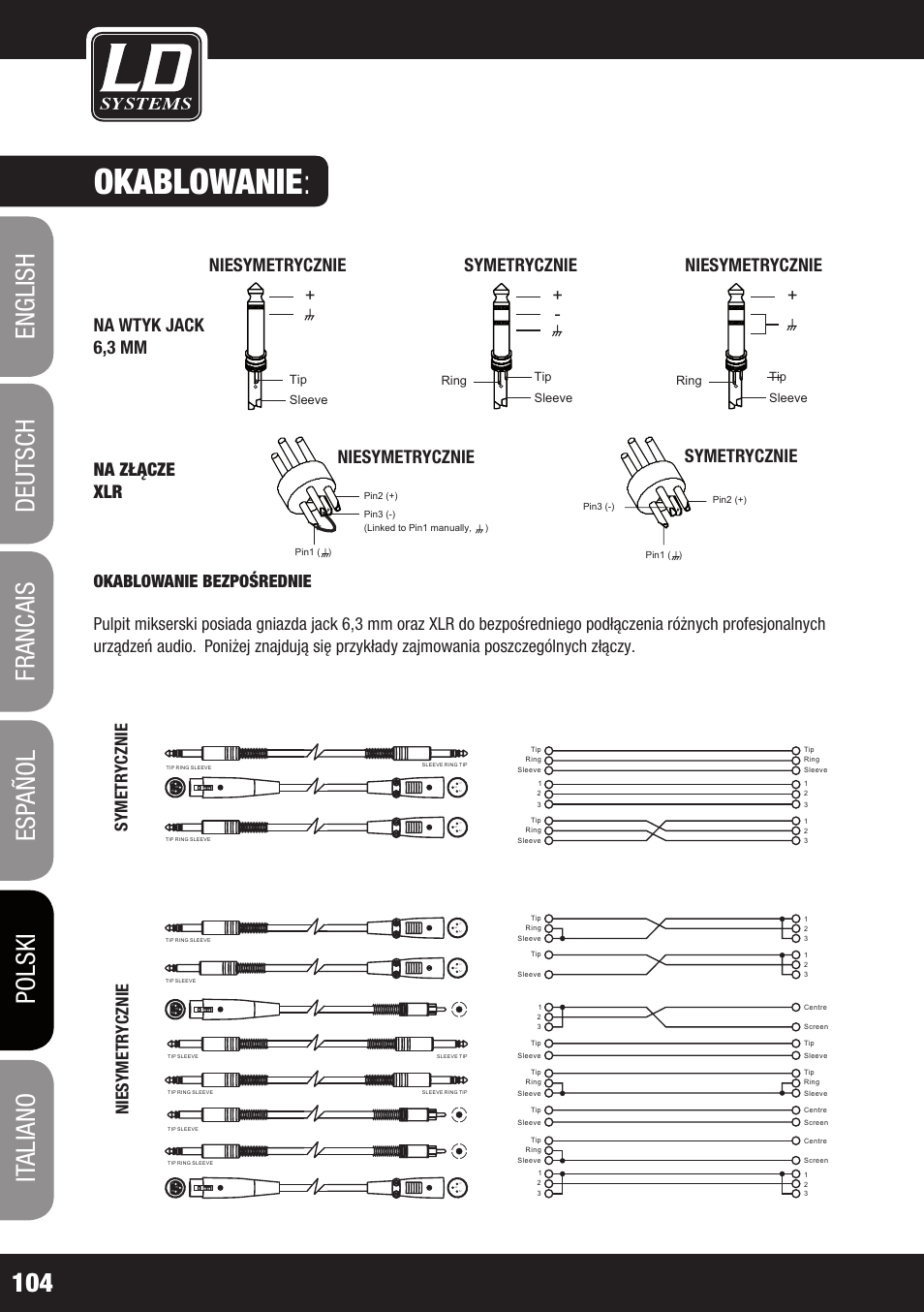 Okablowanie : okablowanie/lista programów efektów, Na wtyk jack 6,3 mm na złącze xlr, Niesymetrycznie | Niesymetr ycznie | LD Systems LAX 12 D USB User Manual | Page 104 / 134