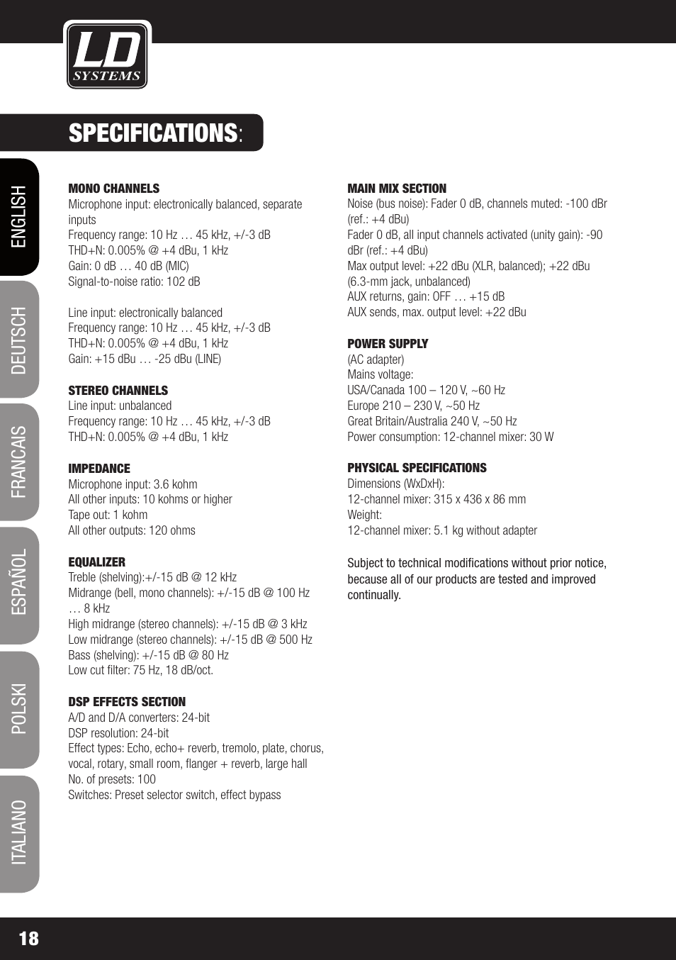 Specifications | LD Systems LAX 12 D USB User Manual | Page 18 / 134