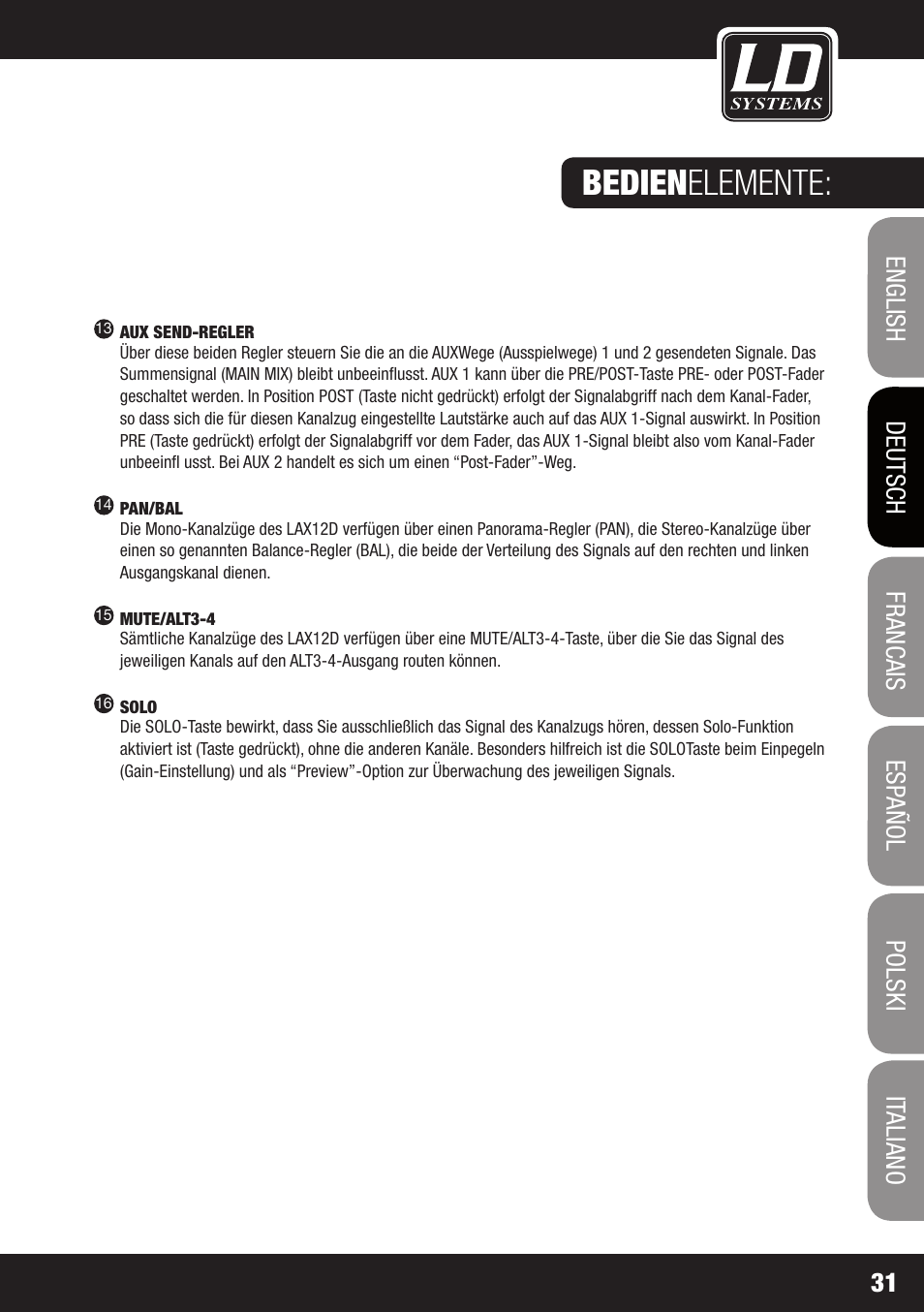 Bedien elemente | LD Systems LAX 12 D USB User Manual | Page 31 / 134