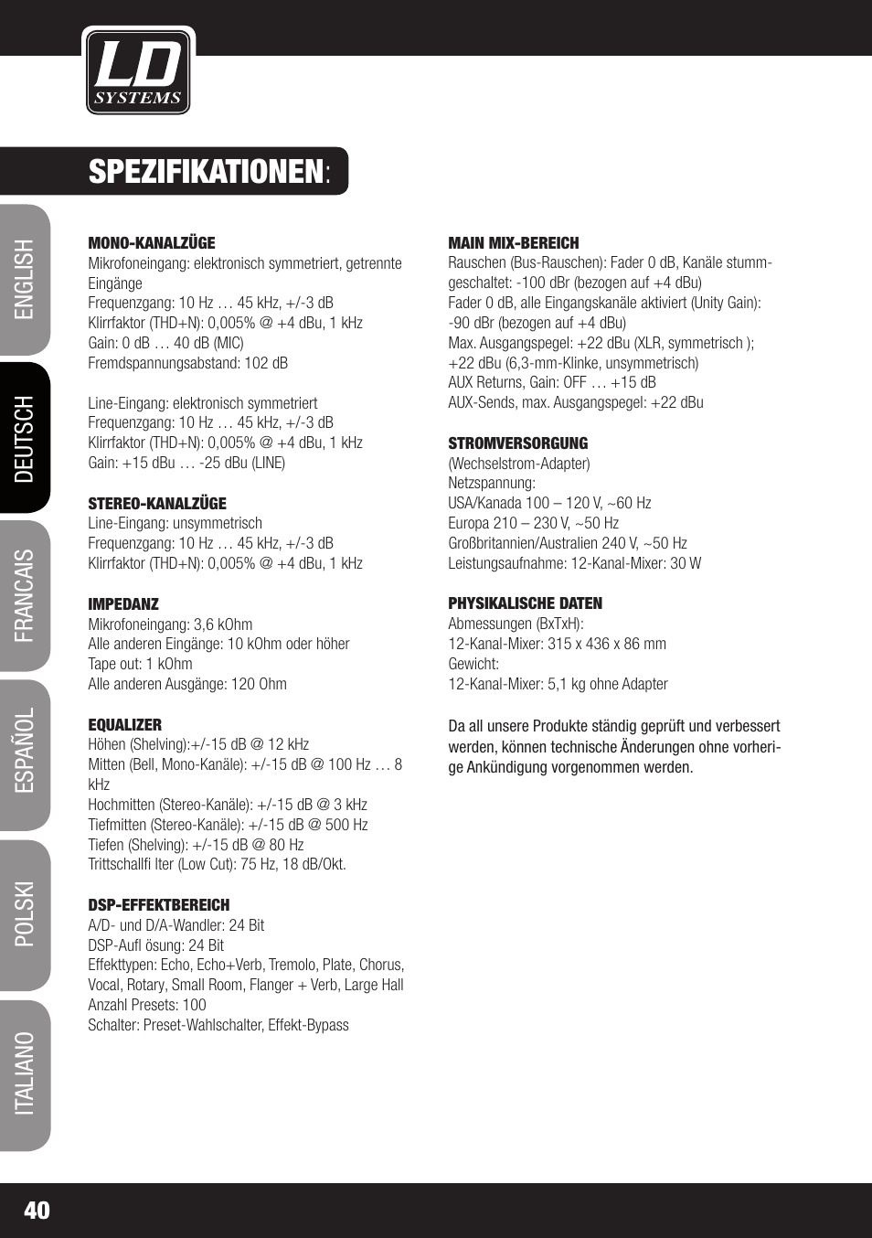 Spezifikationen | LD Systems LAX 12 D USB User Manual | Page 40 / 134