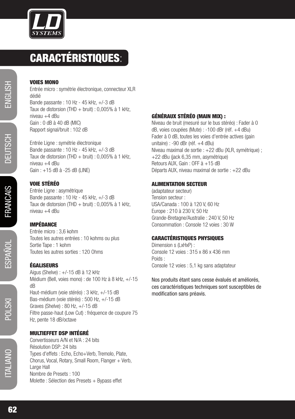 Caractéristiques | LD Systems LAX 12 D USB User Manual | Page 62 / 134