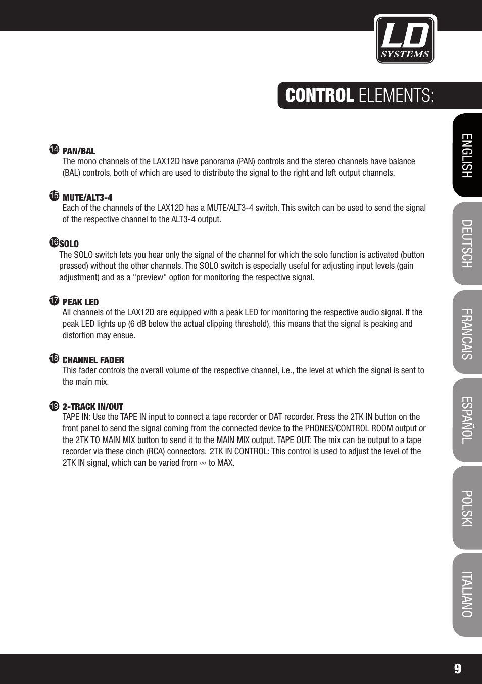 Control elements | LD Systems LAX 12 D USB User Manual | Page 9 / 134