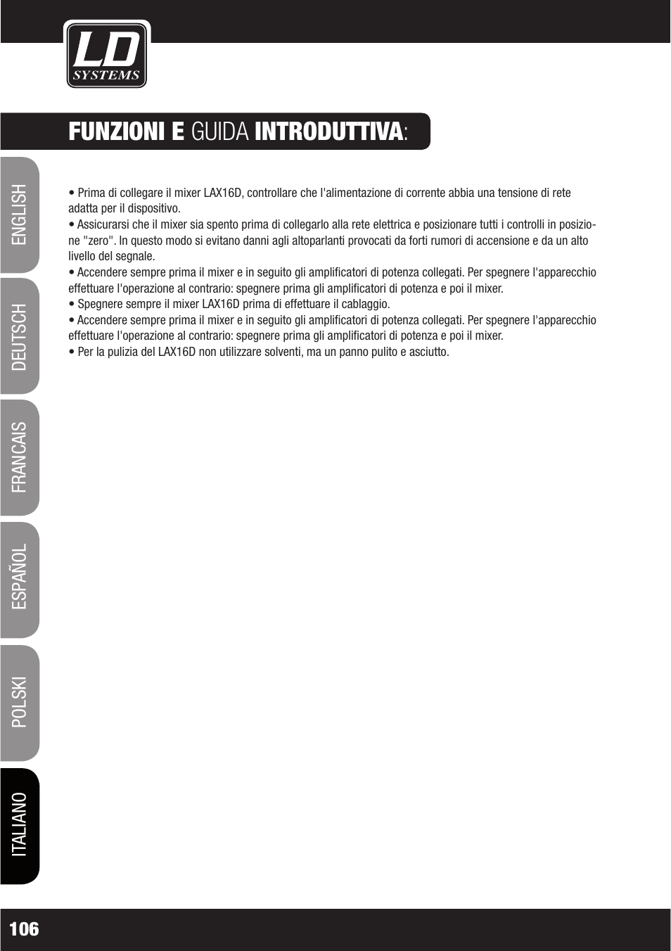Funzioni e guida introduttiva | LD Systems LAX 16 D User Manual | Page 106 / 122