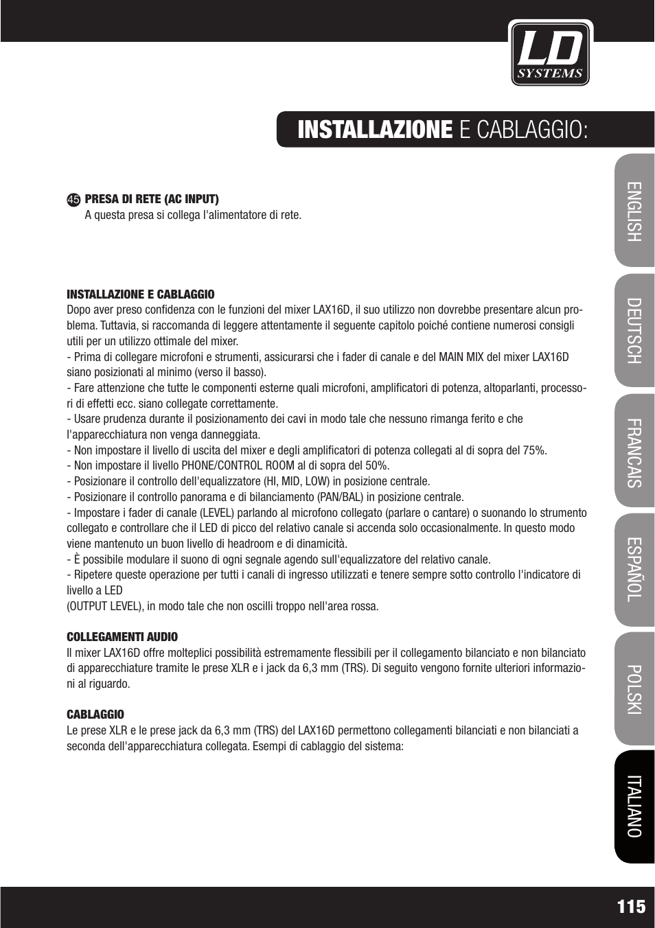 Installazione e cablaggio | LD Systems LAX 16 D User Manual | Page 115 / 122