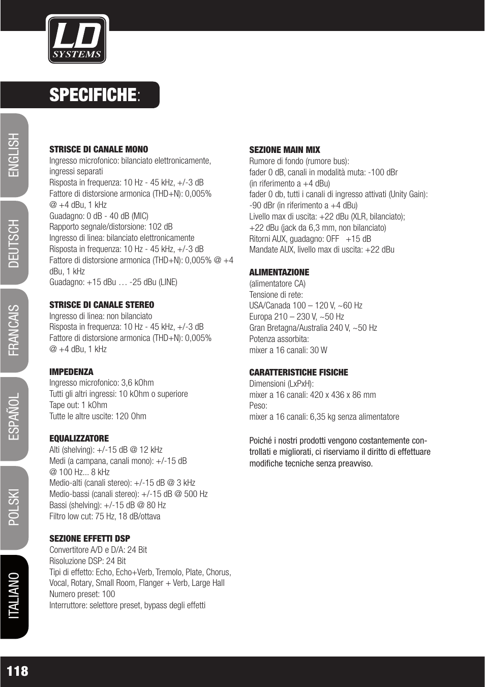 Specifiche | LD Systems LAX 16 D User Manual | Page 118 / 122