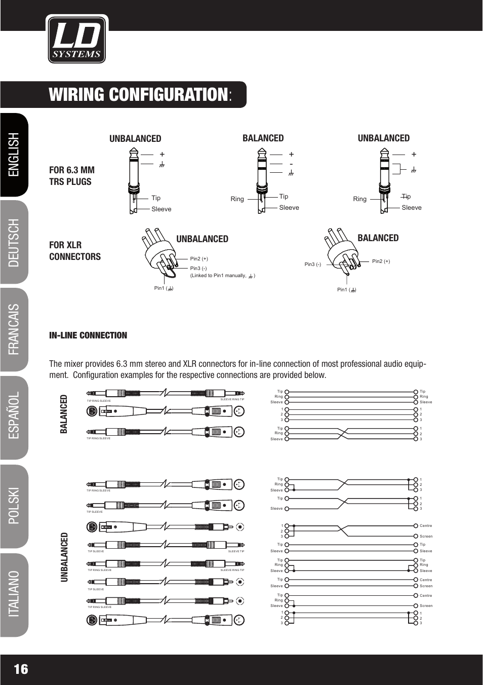 Wiring configuration, In-line connection | LD Systems LAX 16 D User Manual | Page 16 / 122