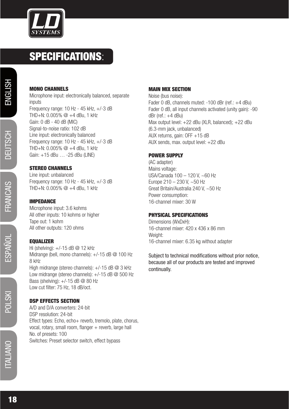 Specifications | LD Systems LAX 16 D User Manual | Page 18 / 122