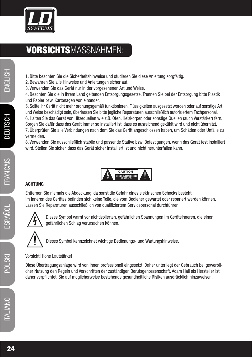 Vorsichtsmassnahmen | LD Systems LAX 16 D User Manual | Page 24 / 122