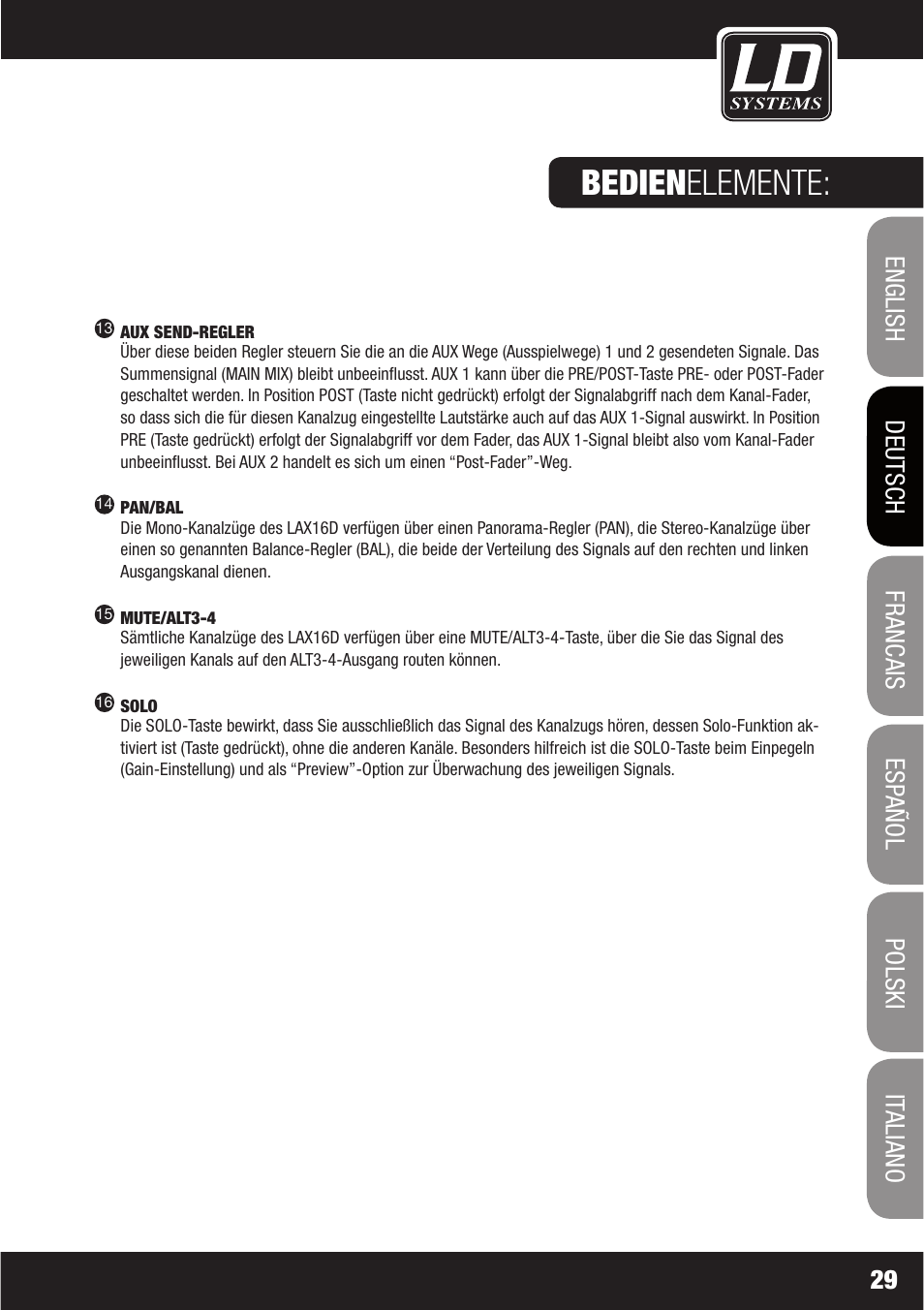 Bedienelemente | LD Systems LAX 16 D User Manual | Page 29 / 122