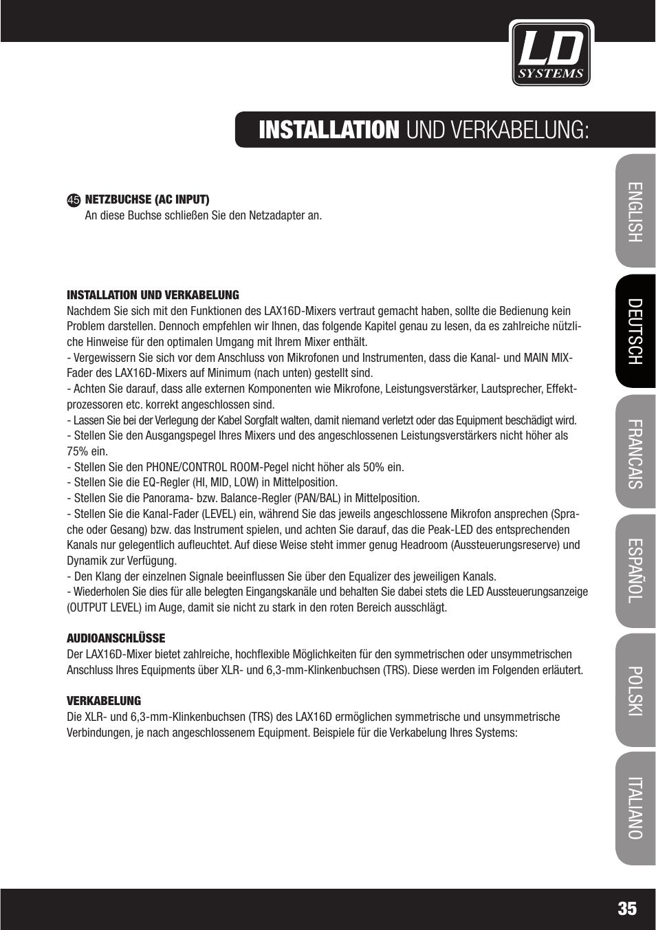 Installation und verkabelung | LD Systems LAX 16 D User Manual | Page 35 / 122