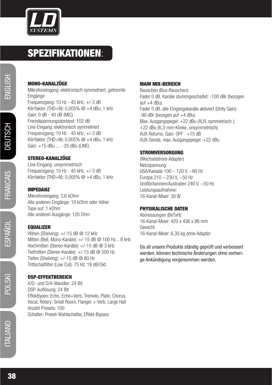 Spezifikationen | LD Systems LAX 16 D User Manual | Page 38 / 122