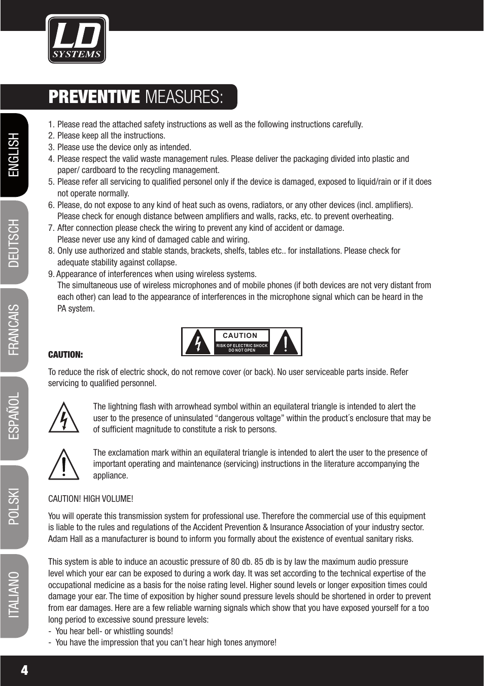 Preventive measures | LD Systems LAX 16 D User Manual | Page 4 / 122