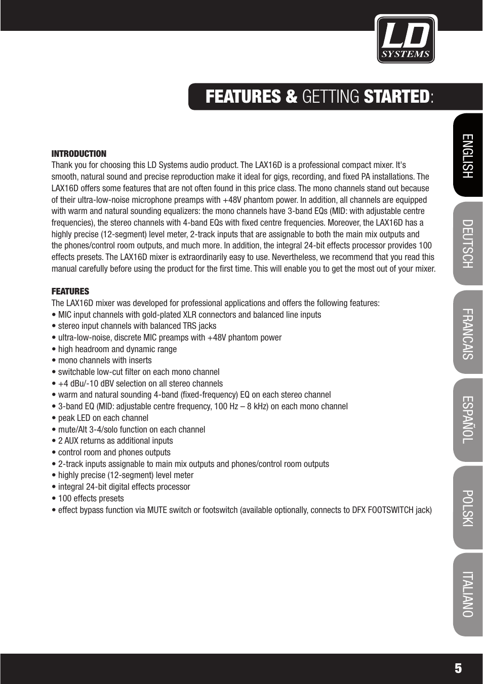 Features & getting started | LD Systems LAX 16 D User Manual | Page 5 / 122