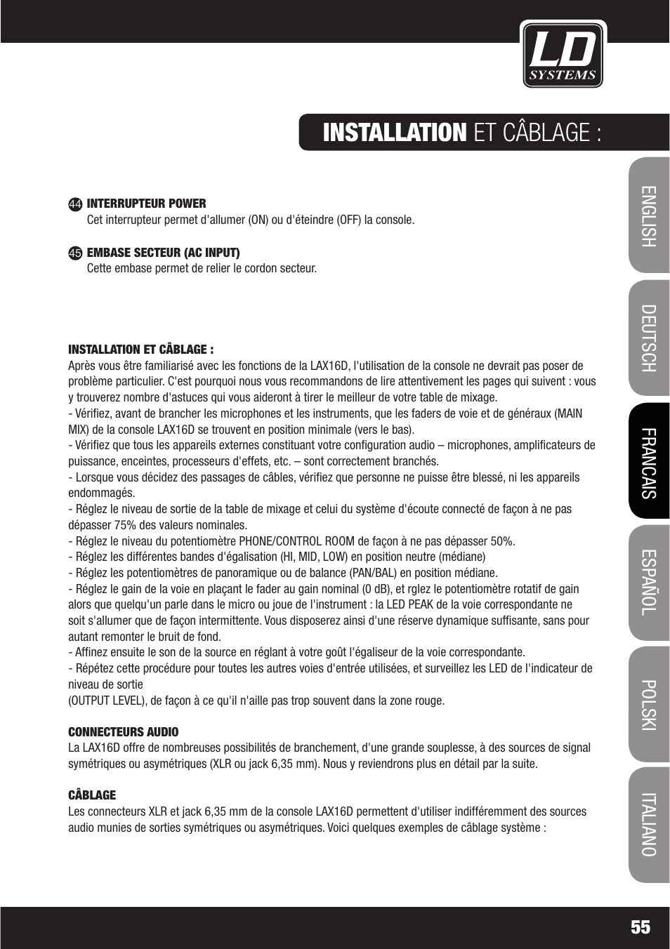 Installation et câblage | LD Systems LAX 16 D User Manual | Page 55 / 122