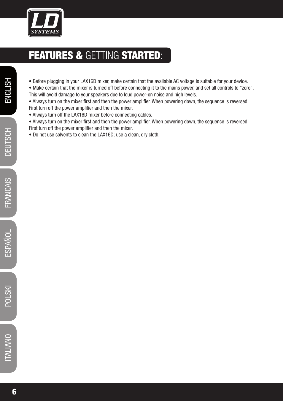 Features & getting started | LD Systems LAX 16 D User Manual | Page 6 / 122