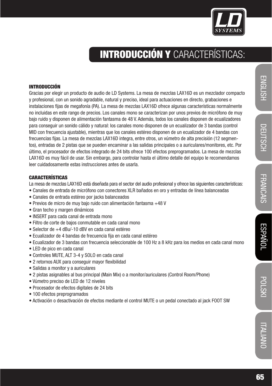 Introducción y características | LD Systems LAX 16 D User Manual | Page 65 / 122