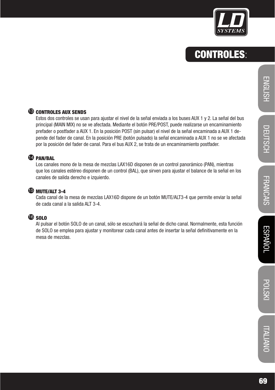Controles | LD Systems LAX 16 D User Manual | Page 69 / 122