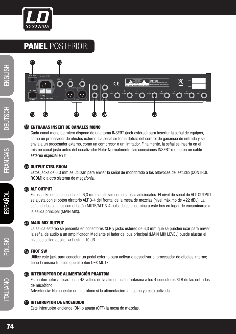 Panel posterior | LD Systems LAX 16 D User Manual | Page 74 / 122