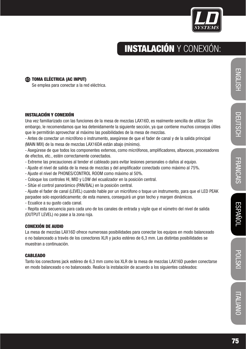 Instalación y conexión | LD Systems LAX 16 D User Manual | Page 75 / 122