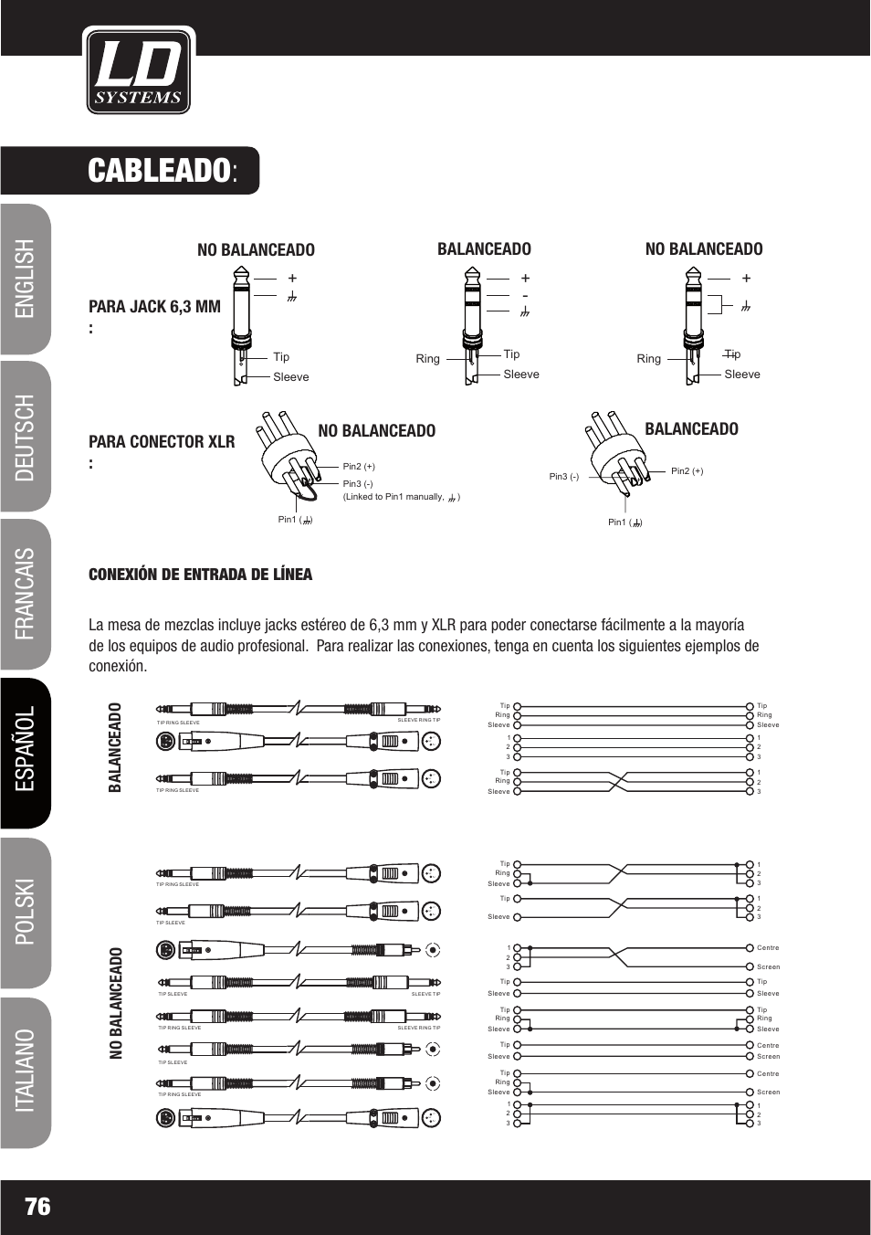 Cableado, Conexión de entrada de línea | LD Systems LAX 16 D User Manual | Page 76 / 122
