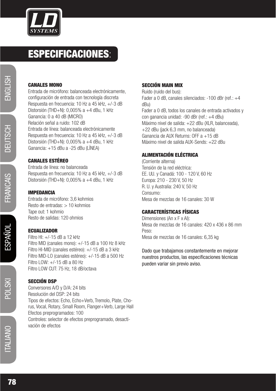 Especificaciones | LD Systems LAX 16 D User Manual | Page 78 / 122