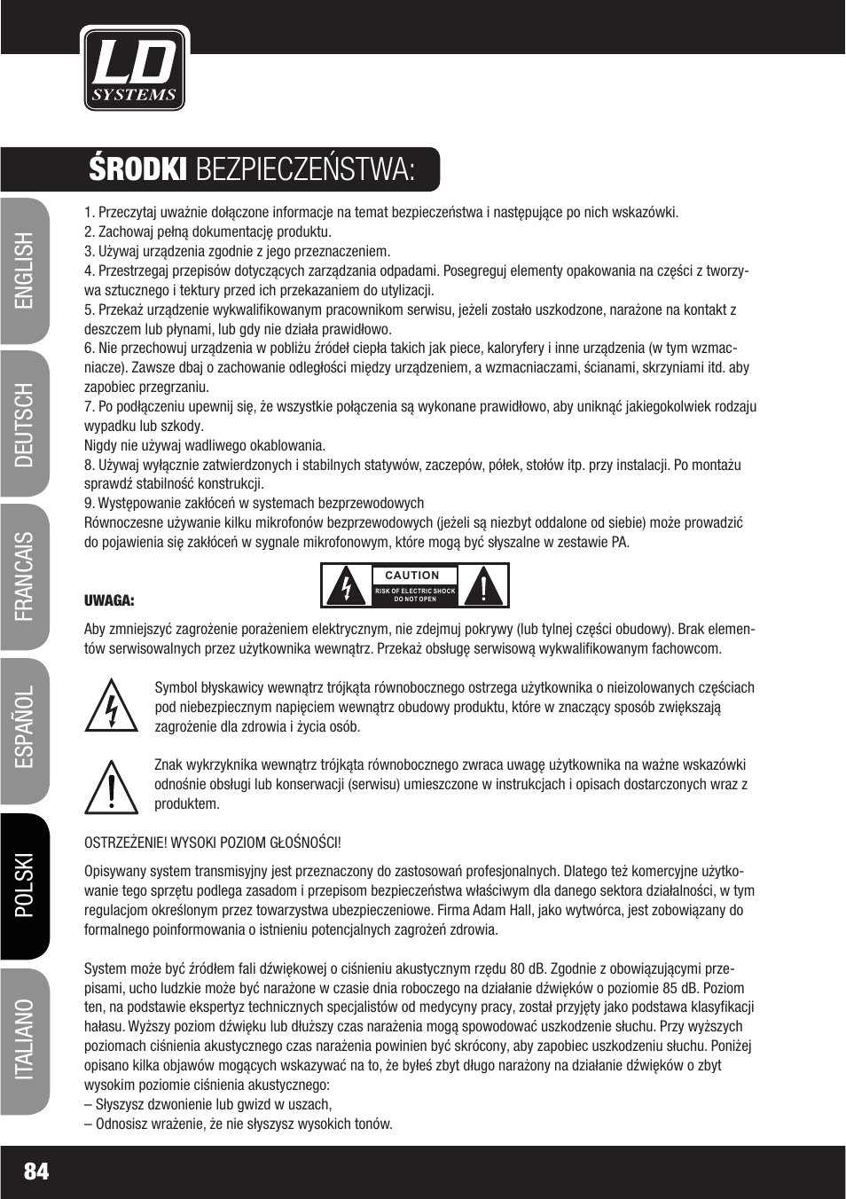 Środki bezpieczeństwa | LD Systems LAX 16 D User Manual | Page 84 / 122