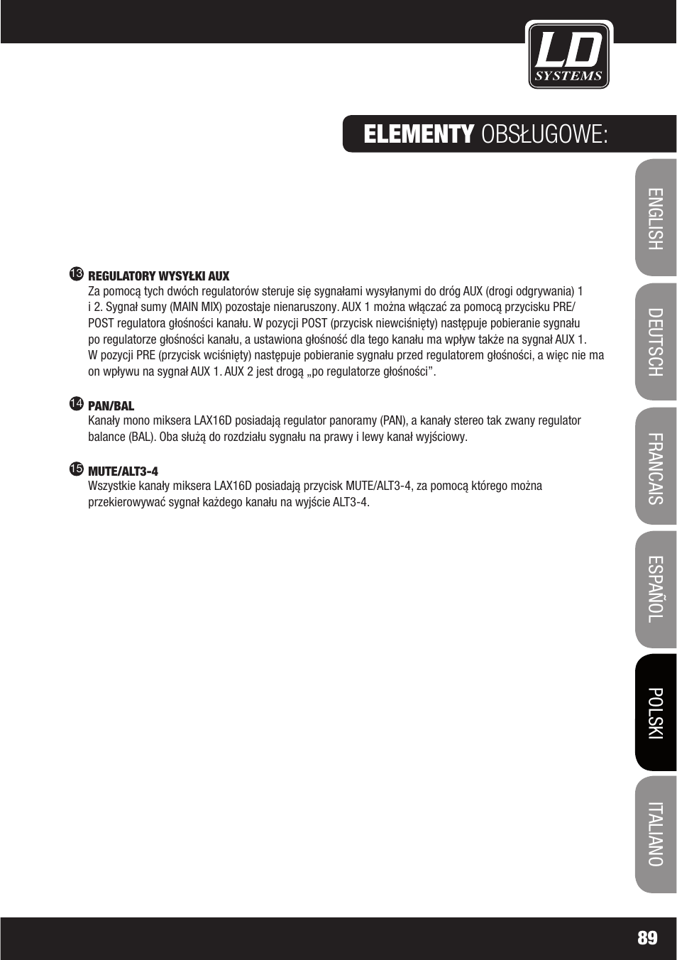 Elementy obsługowe | LD Systems LAX 16 D User Manual | Page 89 / 122