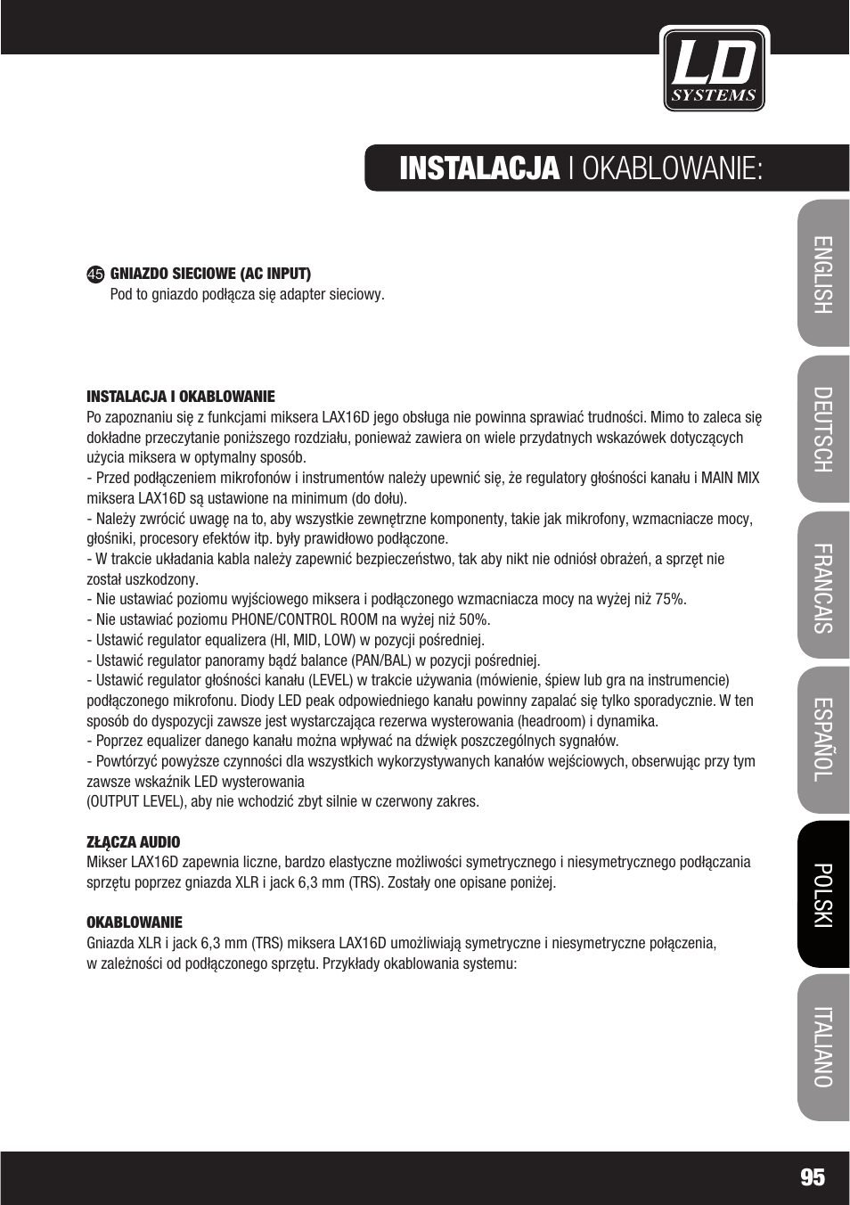Instalacja i okablowanie | LD Systems LAX 16 D User Manual | Page 95 / 122