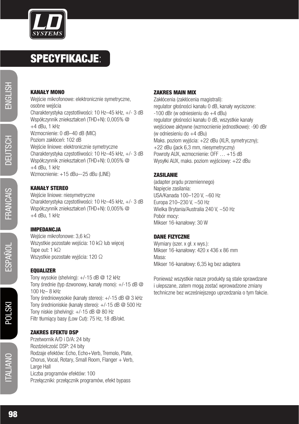 Specyfikacje | LD Systems LAX 16 D User Manual | Page 98 / 122