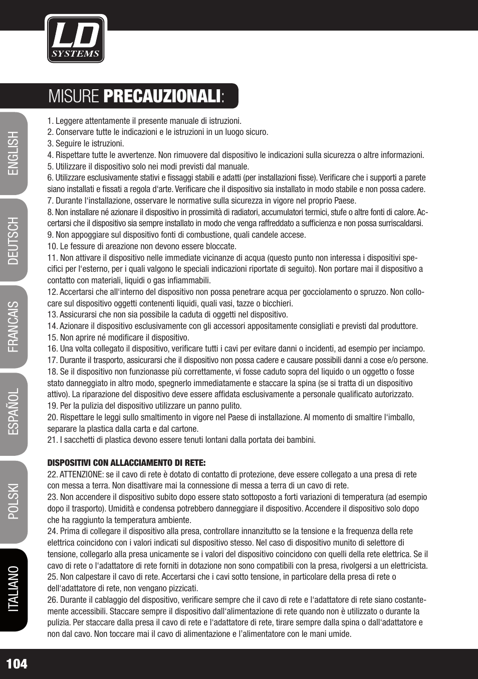 Misure precauzionali | LD Systems ZONE 624 User Manual | Page 104 / 124