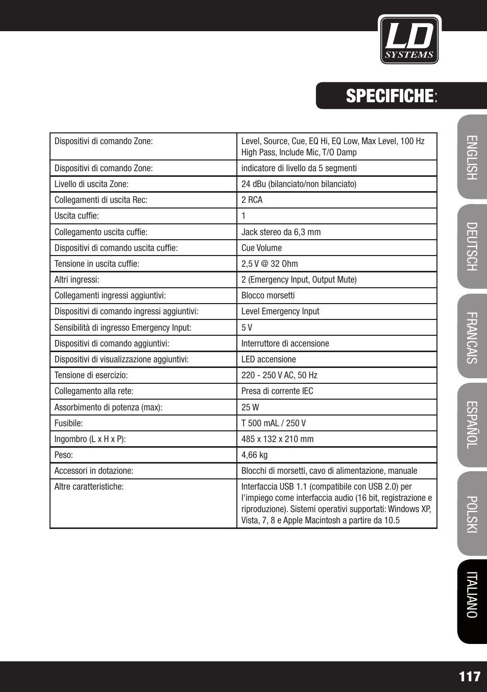 Specifiche | LD Systems ZONE 624 User Manual | Page 117 / 124