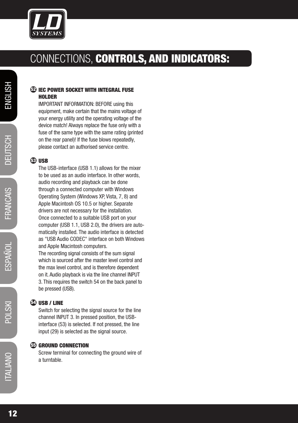 Connections, controls, and indicators | LD Systems ZONE 624 User Manual | Page 12 / 124